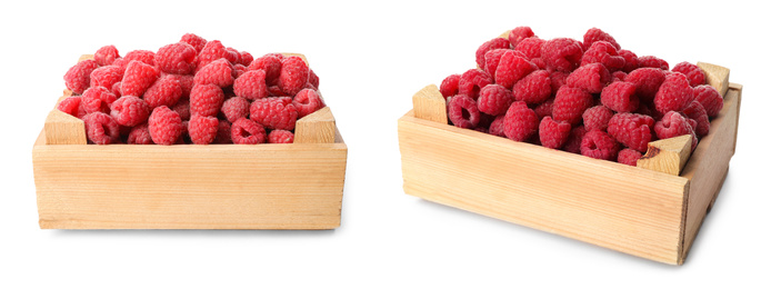 Image of Fresh ripe raspberries in wooden crates on white background