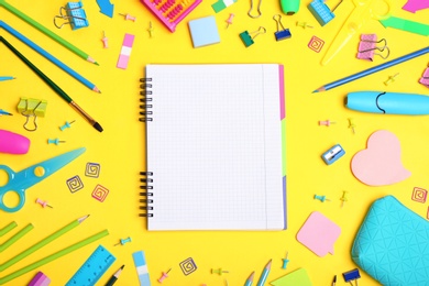 Photo of Flat lay composition with different school stationery on color background