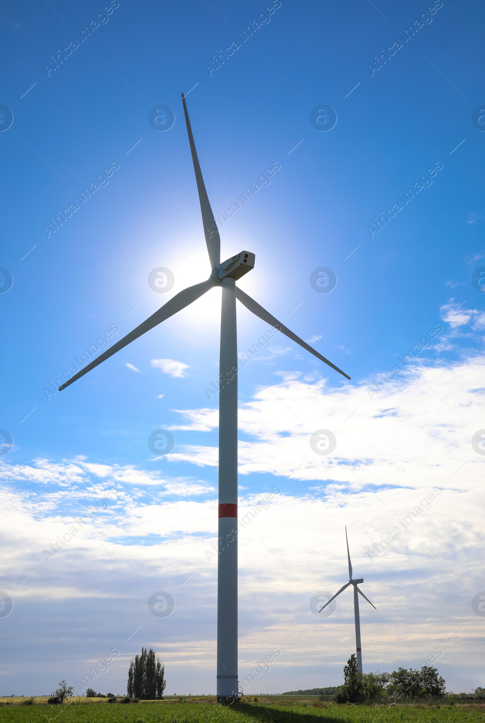 Photo of Beautiful view of field with wind turbines. Alternative energy source