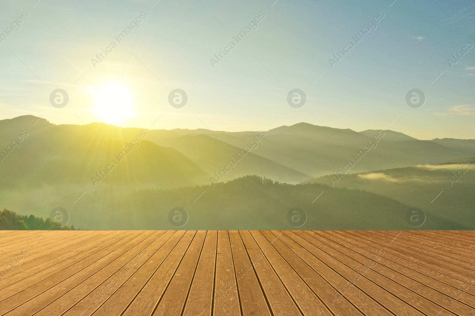 Image of Empty wooden surface and beautiful view of mountain landscape