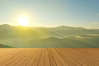 Image of Empty wooden surface and beautiful view of mountain landscape