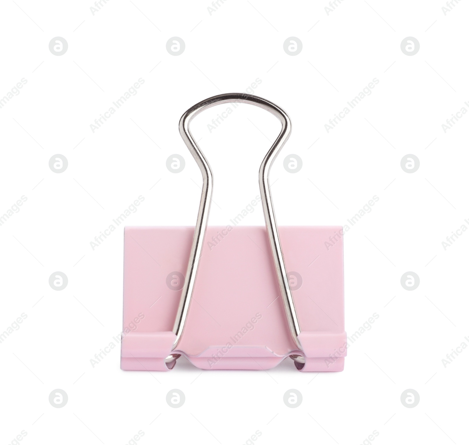 Photo of Pink binder clip isolated on white. Stationery item