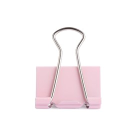 Photo of Pink binder clip isolated on white. Stationery item