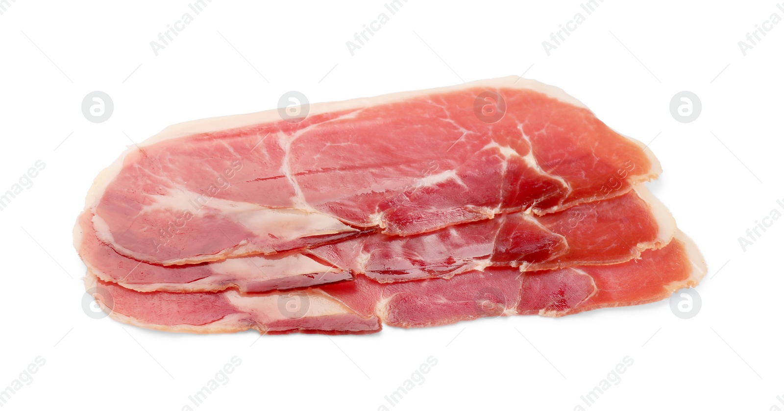 Photo of Slices of delicious jamon isolated on white