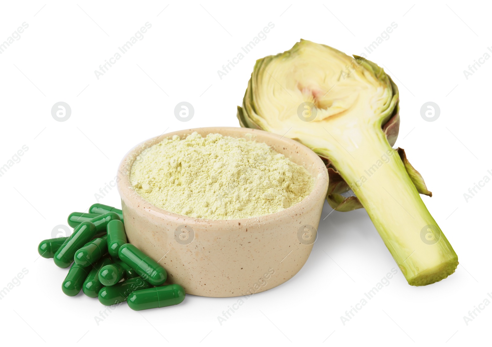 Photo of Fresh artichoke, pills and powder isolated on white