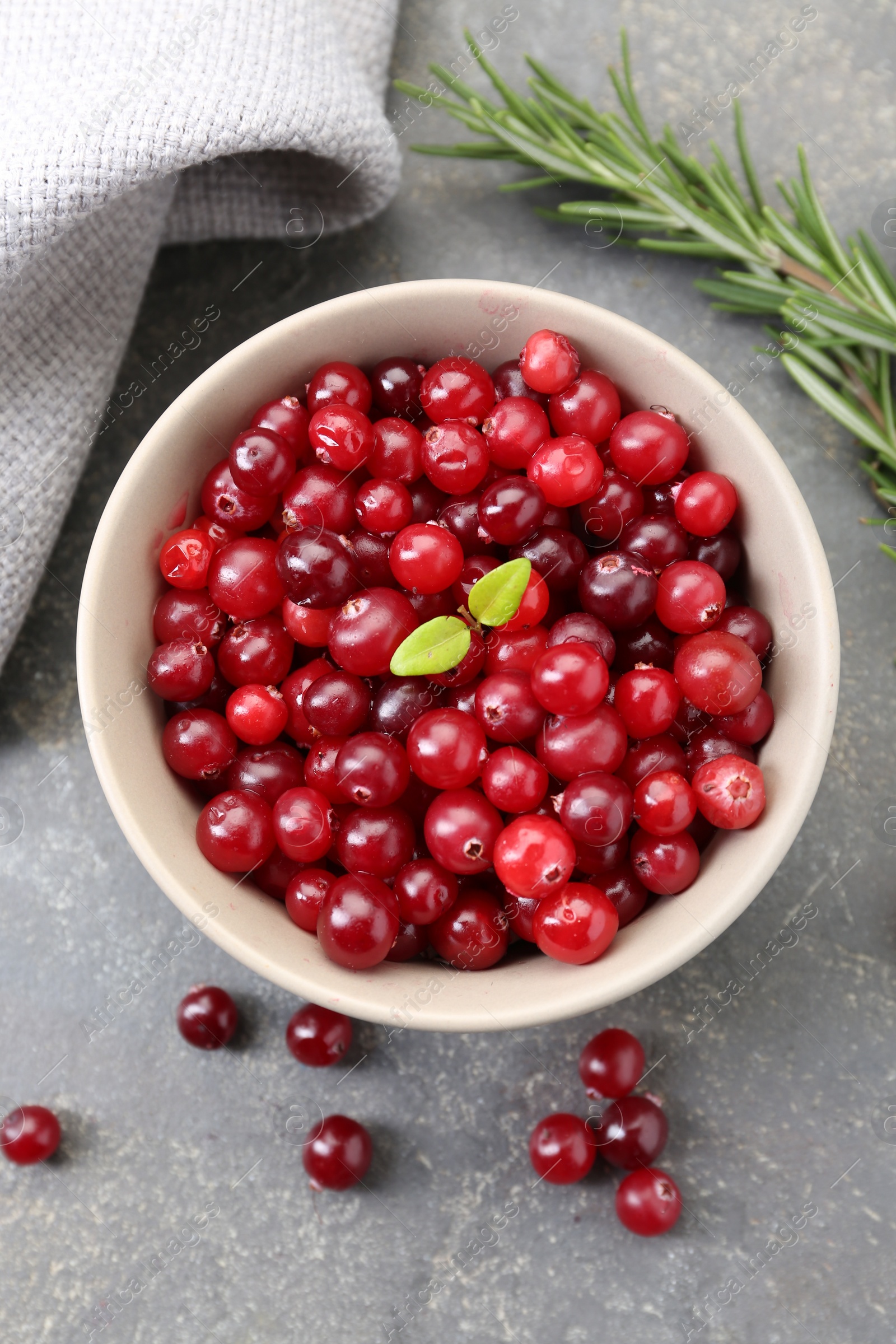 Photo of Fresh ripe cranberries in bowl and rosemary on grey table, flat lay