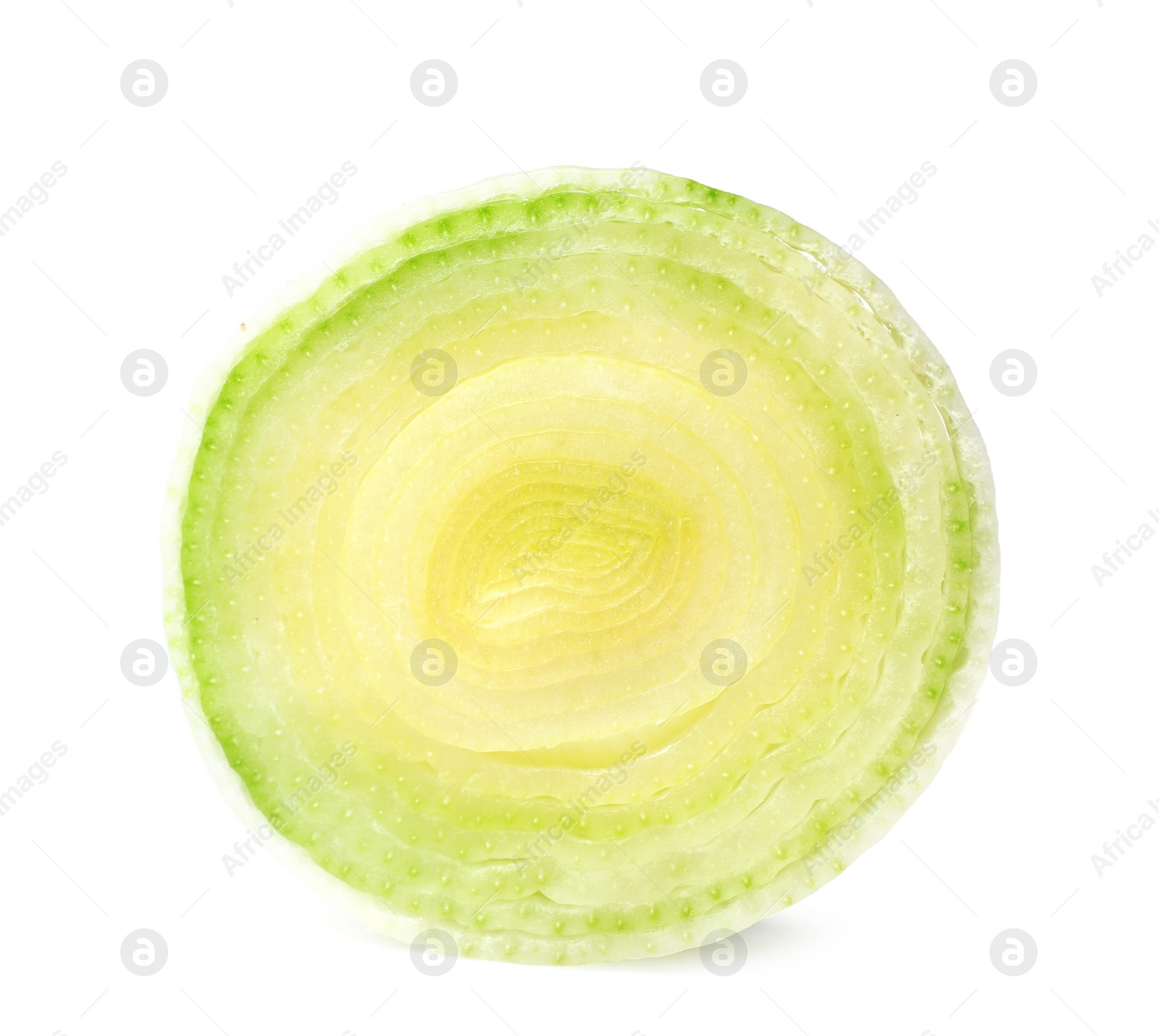 Photo of Fresh raw leek slice on white background. Ripe onion