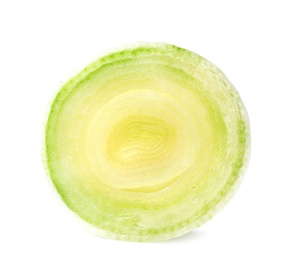 Photo of Fresh raw leek slice on white background. Ripe onion