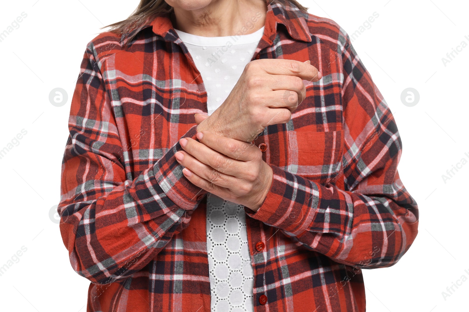 Photo of Arthritis symptoms. Woman suffering from pain in wrist on white background, closeup