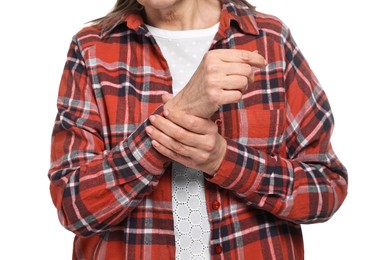 Arthritis symptoms. Woman suffering from pain in wrist on white background, closeup