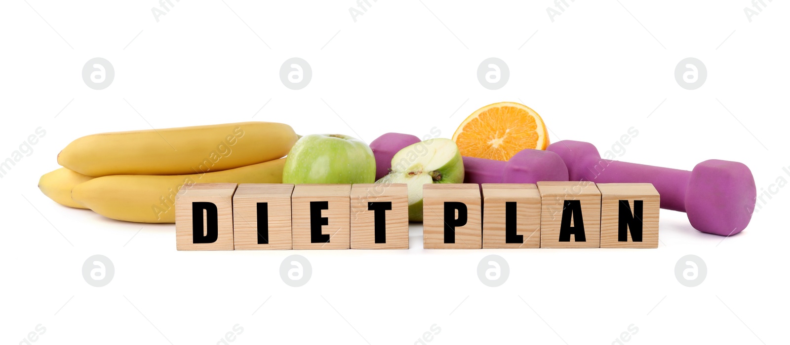 Photo of Phrase Diet Plan made of wooden cubes, dumbbells and products on white background. Weight loss program