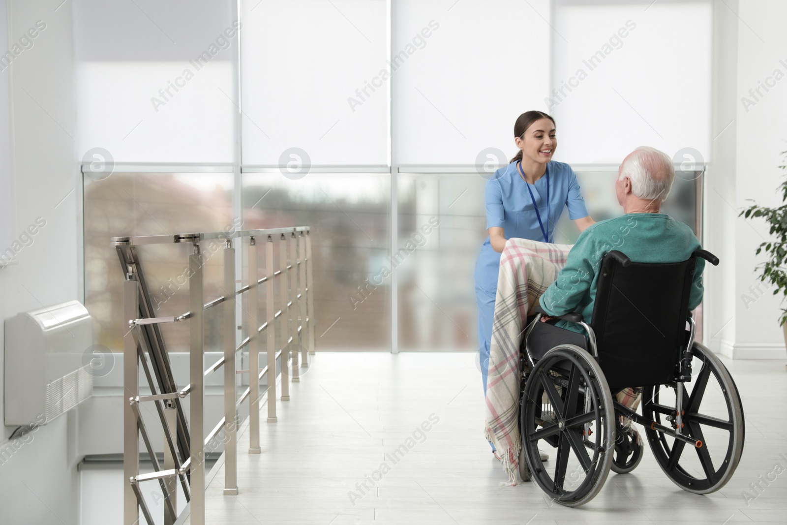 Photo of Nurse covering senior man in wheelchair with plaid at hospital. Medical assisting