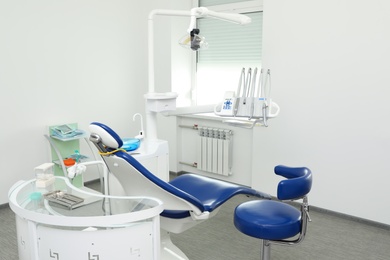 Photo of Dentist's office interior with chair and equipment