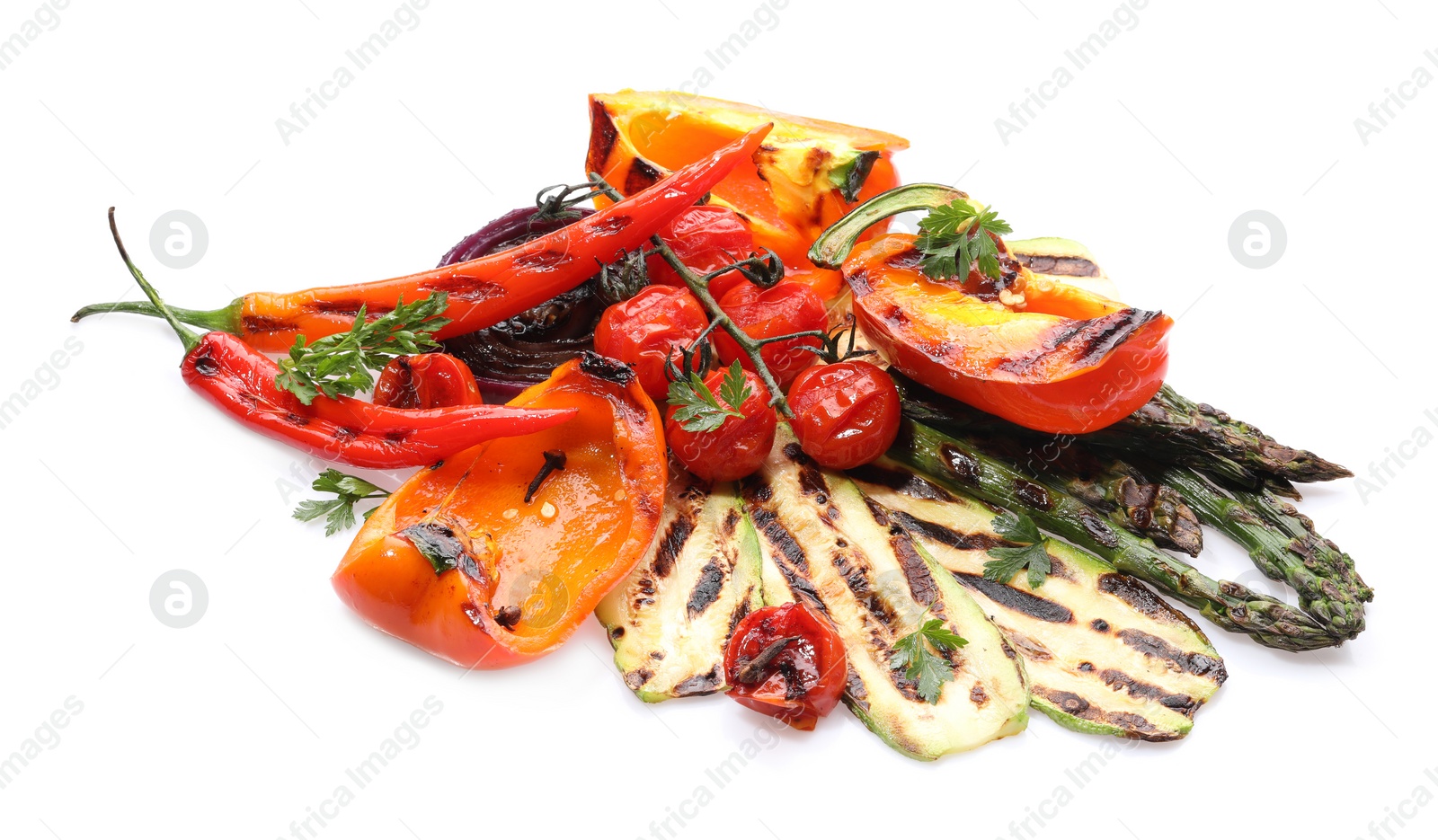 Photo of Different delicious grilled vegetables isolated on white