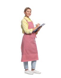 Photo of Beautiful young woman in clean striped apron with clipboard on white background