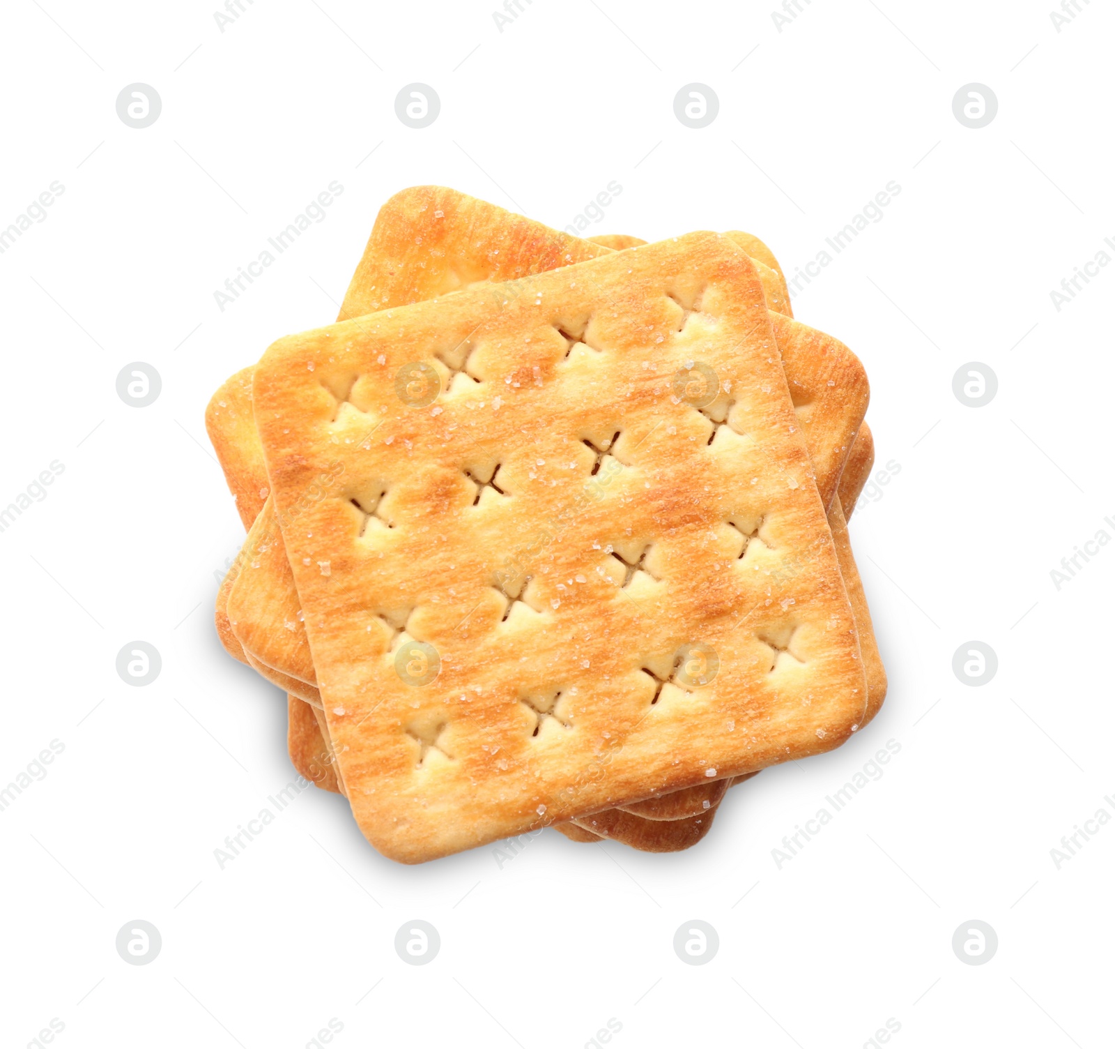 Photo of Delicious crispy crackers isolated on white, top view