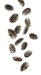 Image of Many chia grains falling on white background, vertical banner design. Vegan diet 