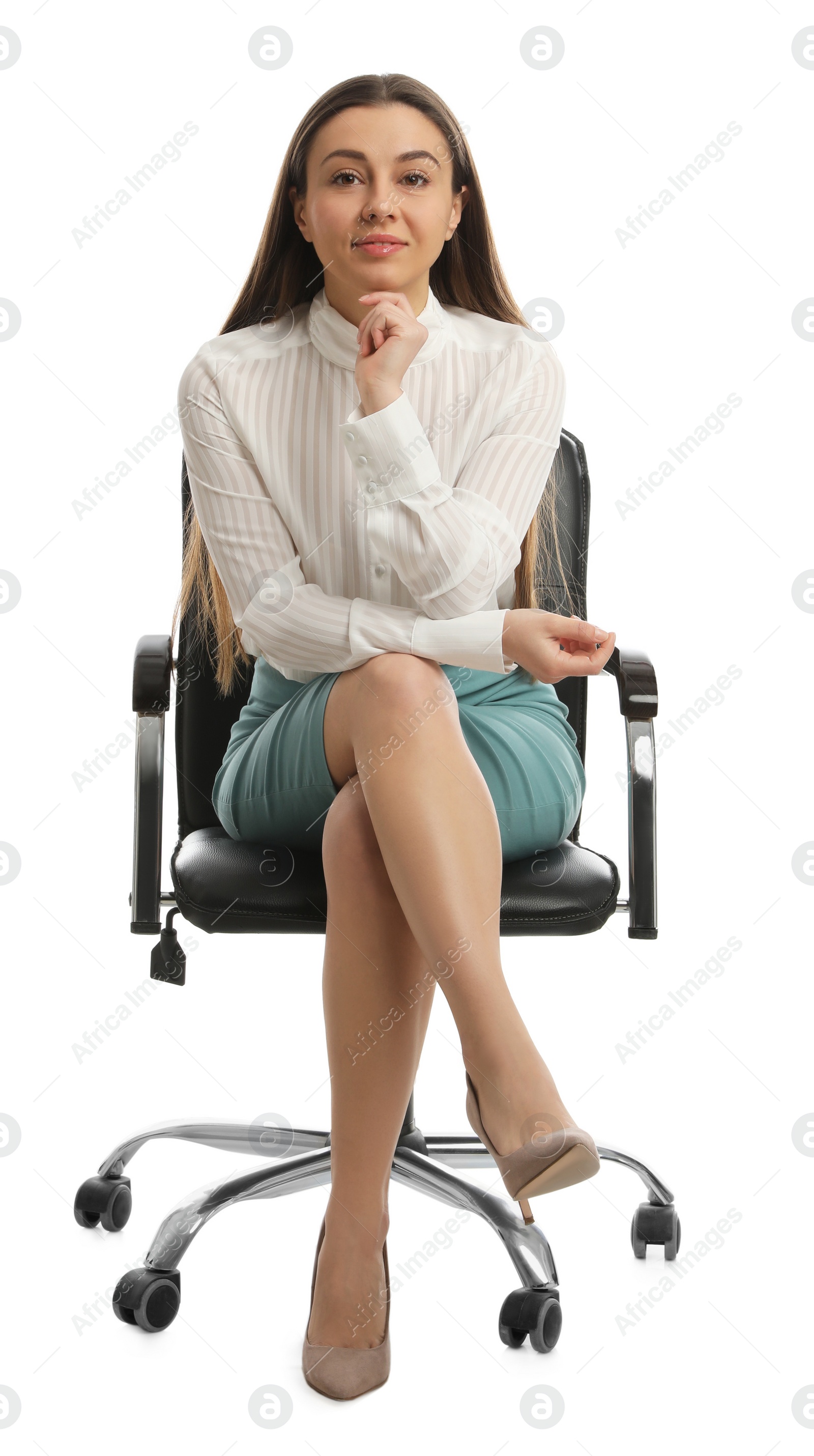 Photo of Young businesswoman sitting in comfortable office chair on white background