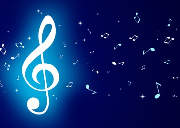 Illustration of Treble clef and music notes flying among stars on bright blue background. Beautiful illustration design