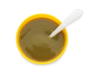 Photo of Healthy baby food in bowl on white background, top view