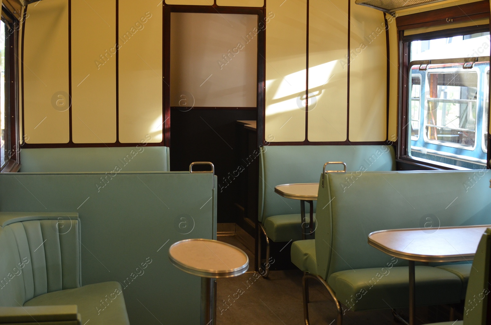 Photo of Utrecht, Netherlands - July 23, 2022: Interior of dining car in Spoorwegmuseum