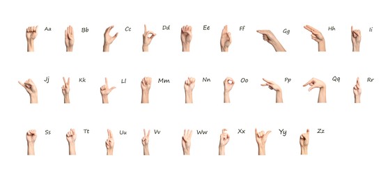 Image of Sign language alphabet. Hand gestures and corresponding letters on white background