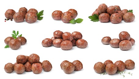Set with tasty cooked meatballs on white background 
