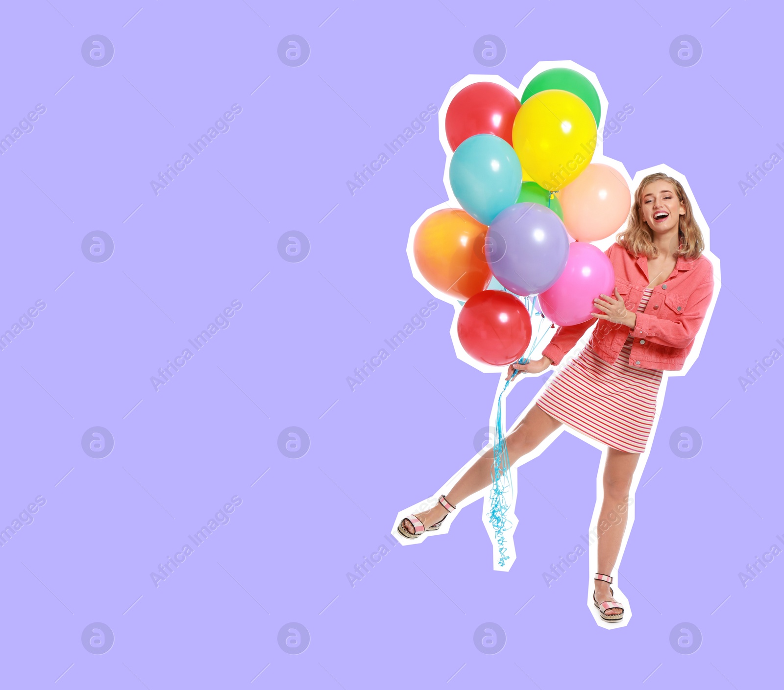 Image of Pop art poster. Happy woman with bunch of colorful balloons on lilac background. Space for text