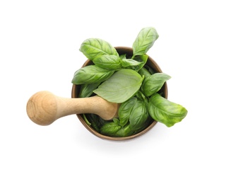 Mortar with fresh green basil leaves on white background, top view