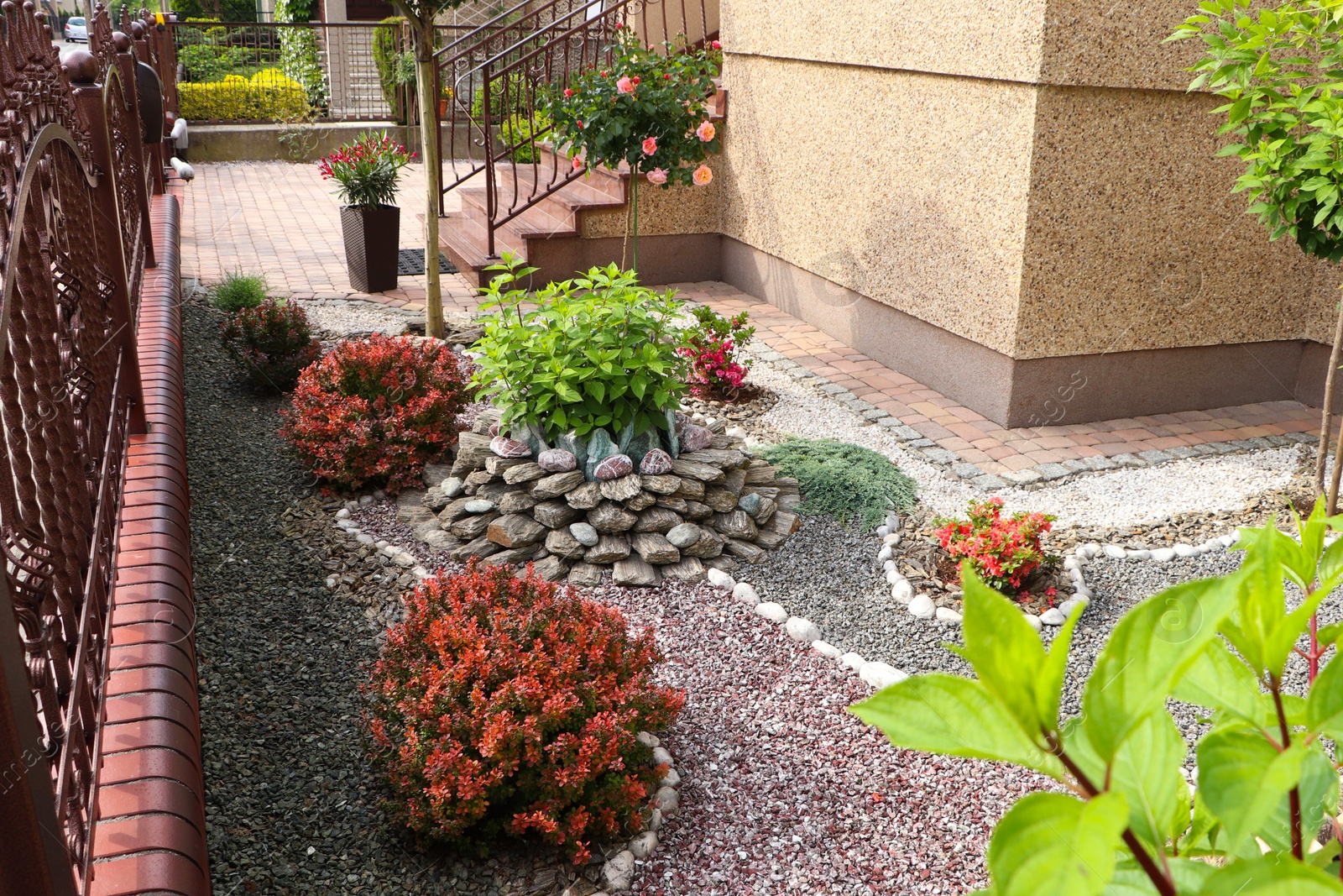 Photo of Beautiful gravel garden with different plants in yard