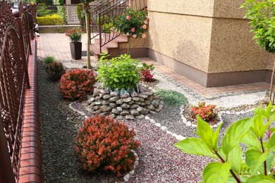 Photo of Beautiful gravel garden with different plants in yard