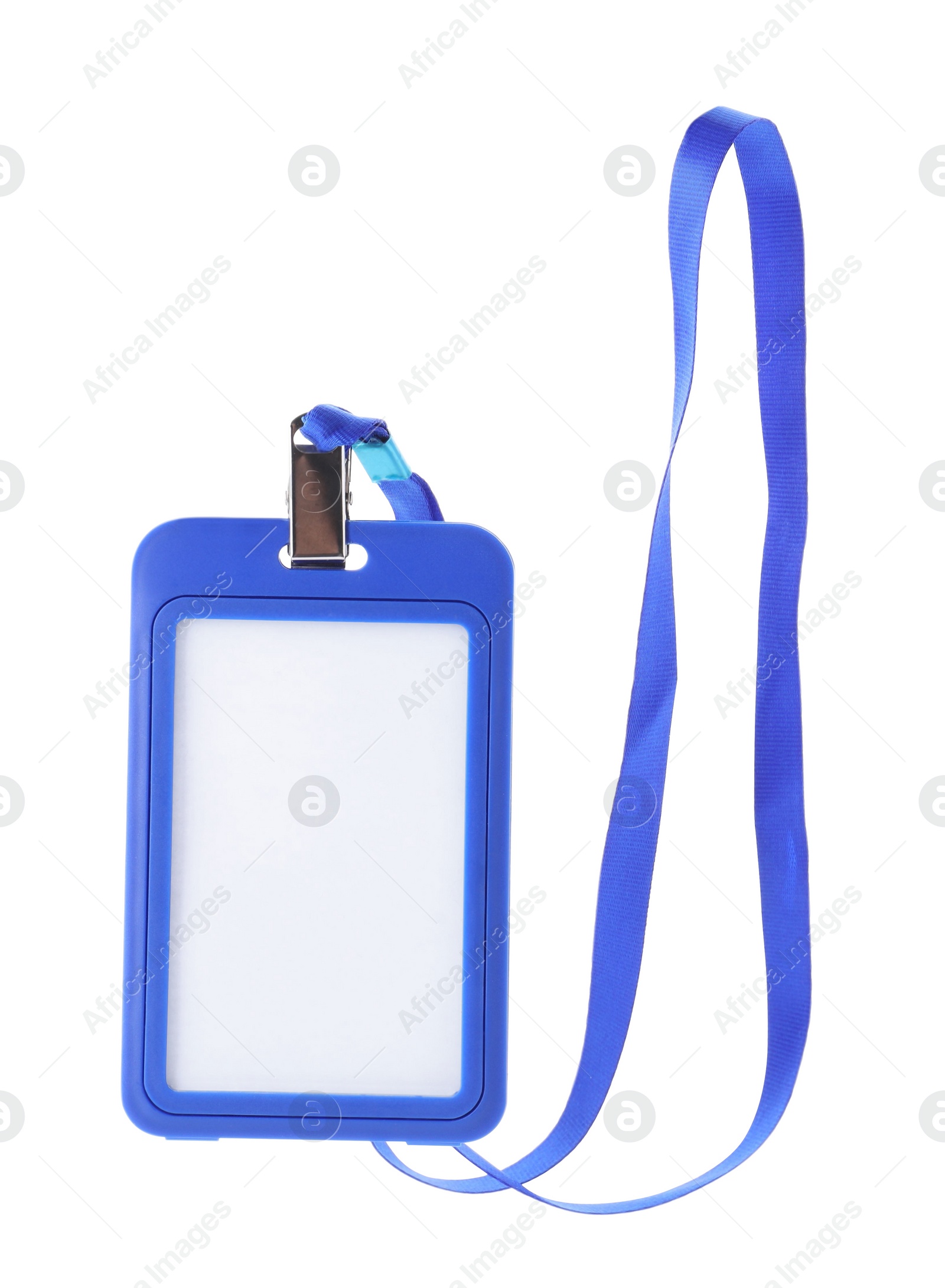 Photo of Blank blue badge with string isolated on white