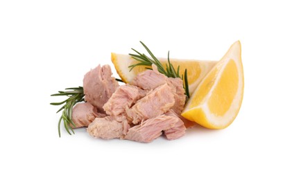 Photo of Delicious canned tuna chunks with lemon and rosemary isolated on white