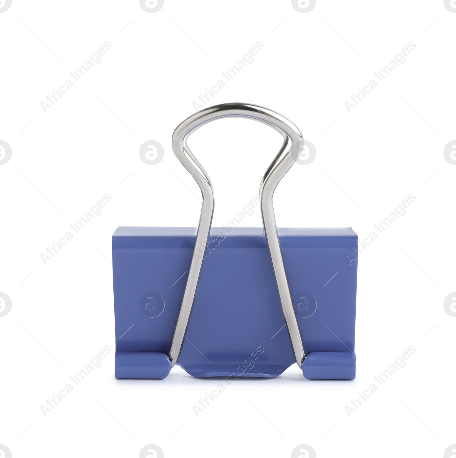 Photo of Blue binder clip isolated on white. Stationery item