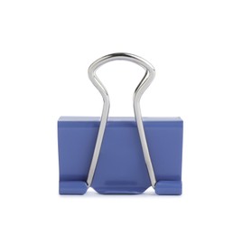 Photo of Blue binder clip isolated on white. Stationery item
