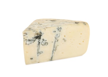 Photo of Piece of delicious blue cheese on white background