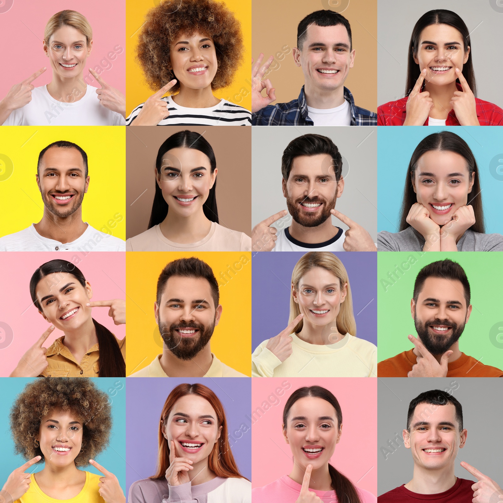 Image of People with showing white teeth on different color backgrounds, collage of photos