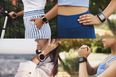 Image of Photos of women using different smart watches, closeup. Collage design 