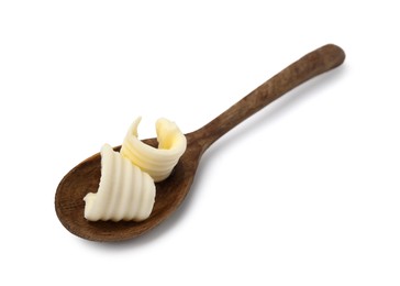 Photo of Butter curls in spoon isolated on white