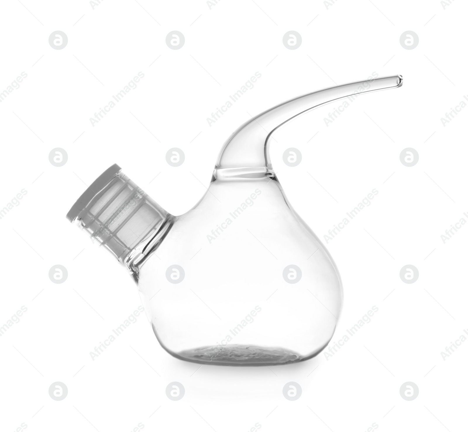 Photo of Empty retort flask on white background. Laboratory glassware