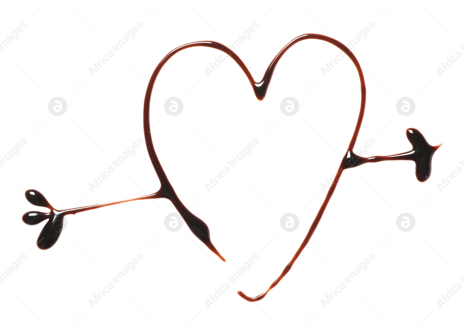 Photo of Heart and arrow drawn with dark chocolate on white background, top view