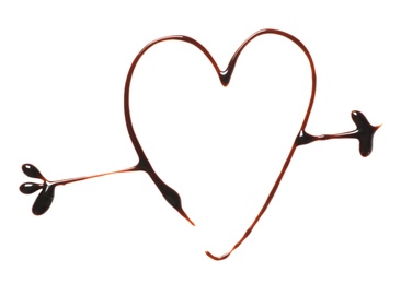 Photo of Heart and arrow drawn with dark chocolate on white background, top view