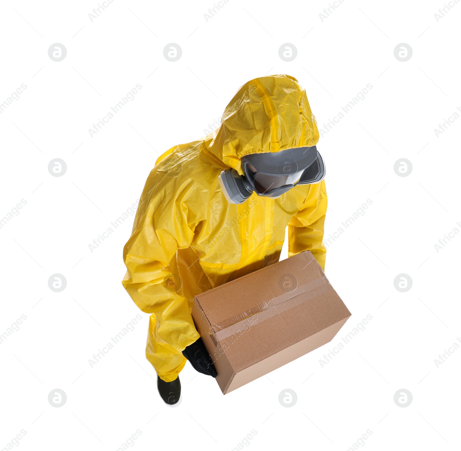 Photo of Man wearing chemical protective suit with cardboard box on white background, above view. Prevention of virus spread