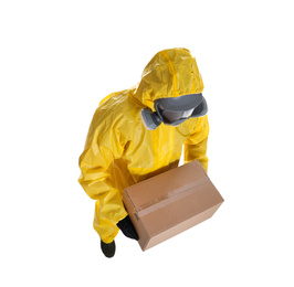 Photo of Man wearing chemical protective suit with cardboard box on white background, above view. Prevention of virus spread