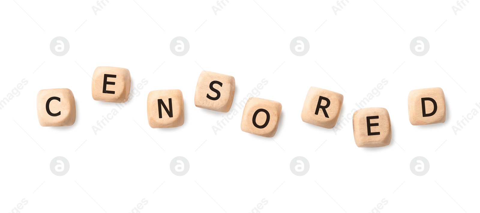 Photo of Wooden cubes with word Censored on white background, top view