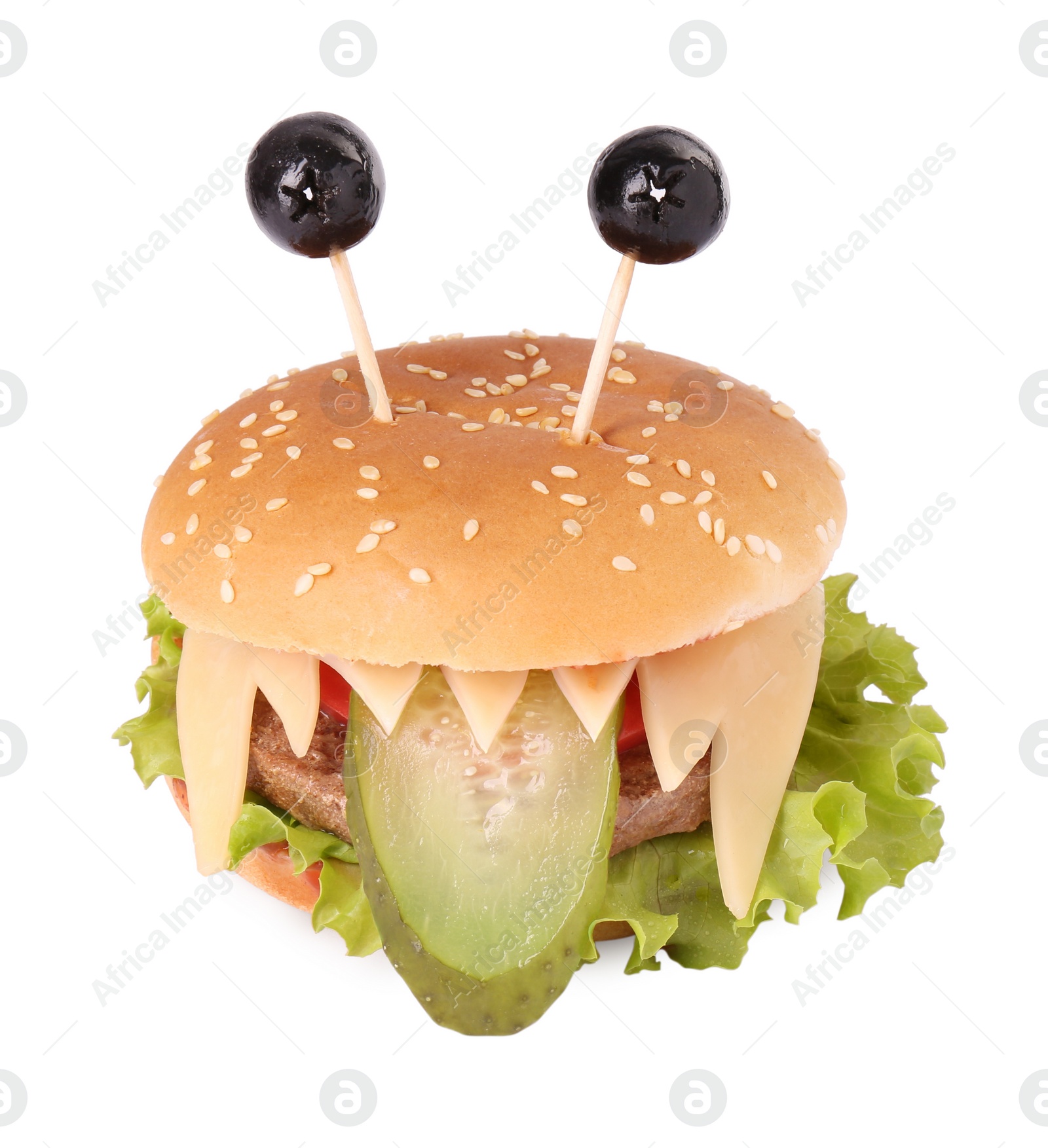 Photo of Cute monster burger isolated on white. Halloween party food