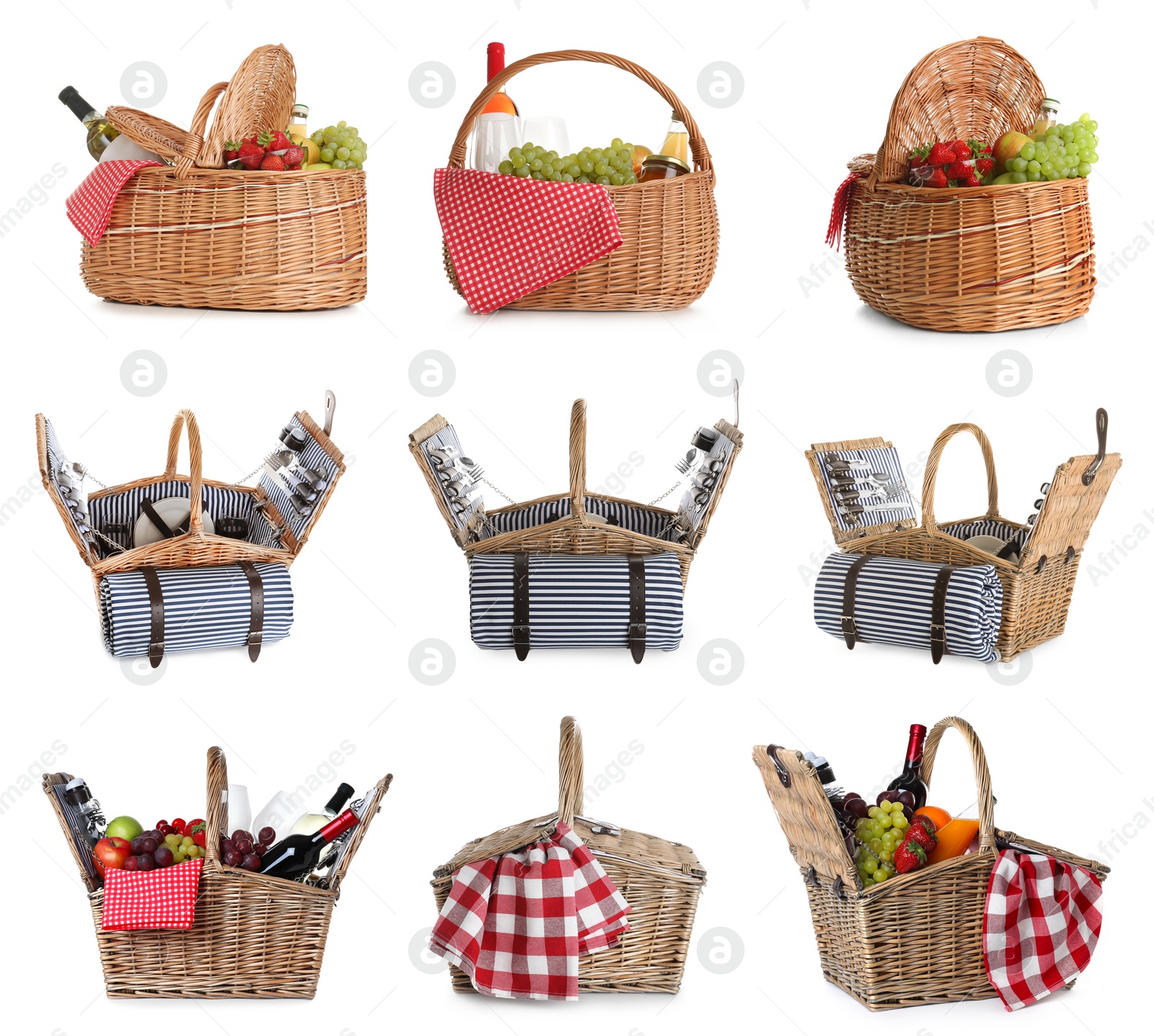 Image of Set of wicker baskets with picnic essentials, wine and different products on white background