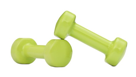 Light green dumbbells isolated on white. Sports equipment