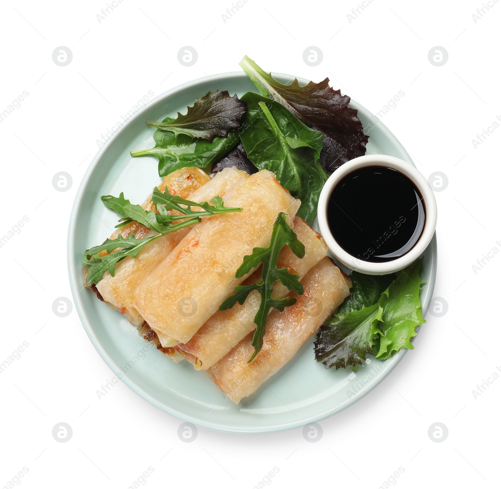 Photo of Tasty fried spring rolls, arugula, lettuce and sauce isolated on white, top view