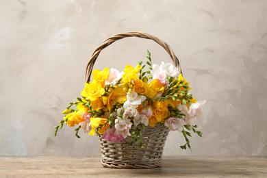 Beautiful blooming freesias in wicker basket on table against grey background